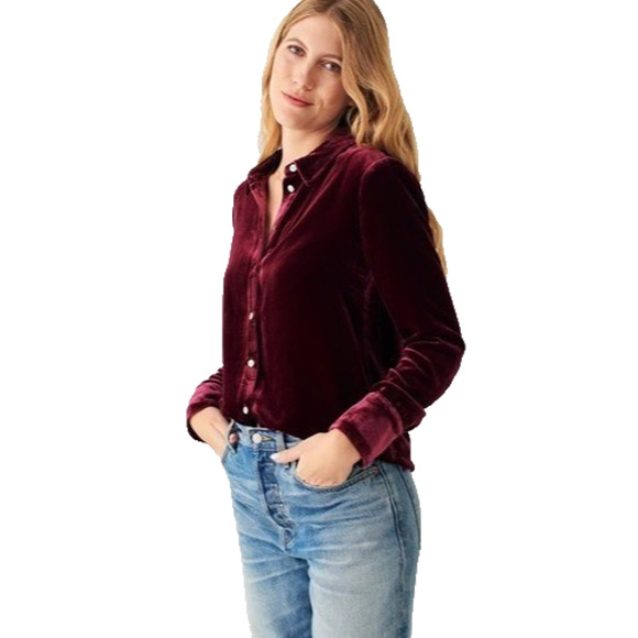 *Flaw Faherty Stretch Silk Blend Velvet Genevieve Shirt Button Up Burgundy Small - Picture 10 of 11
